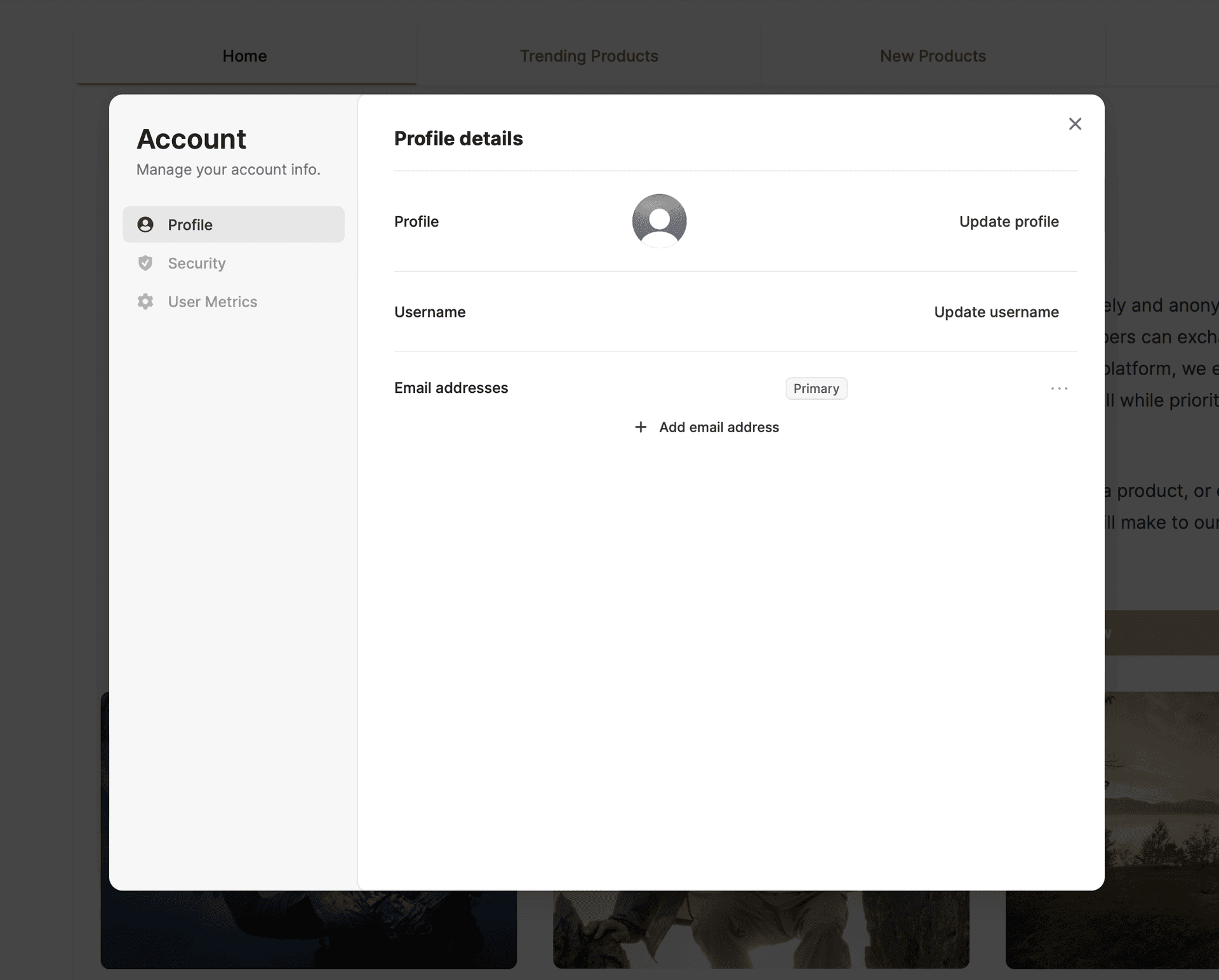 Account management menu